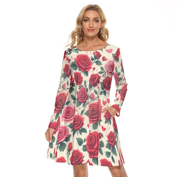 Red Roses Print Women’s Dress on Cream Background