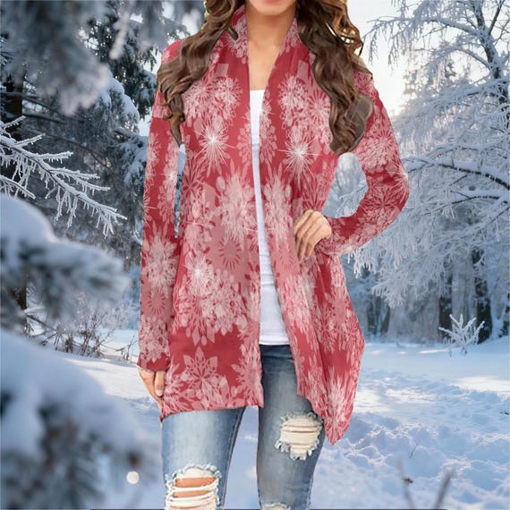 Red Snowflake Pattern Women’s Cardigan – Cozy Long Sleeve Holiday Winter Layering