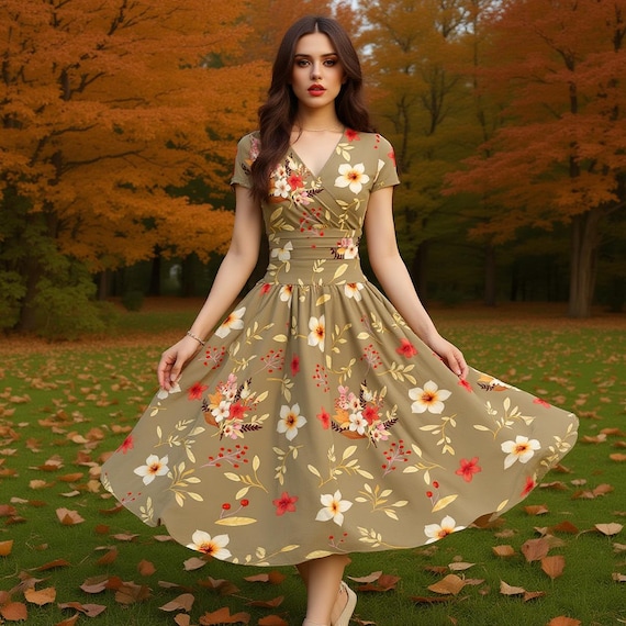 Autumn Floral Print Women’s V-Neck Short Sleeve Dress on Beige Background | Fall Floral Casual Midi Dress