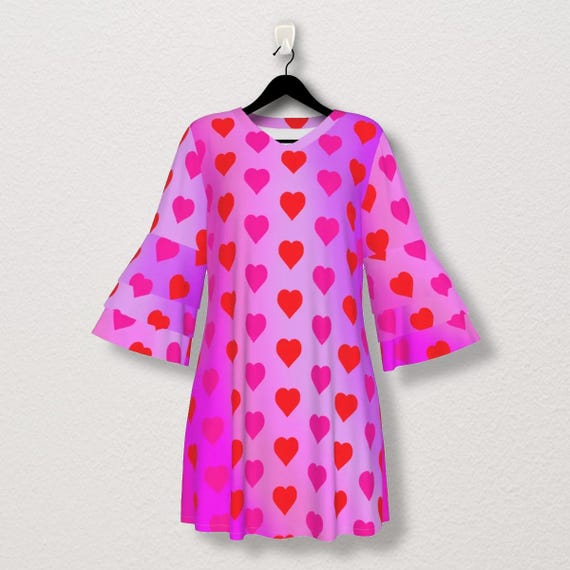 Adorable Hearts on a Pink Gradient Background Stacked Ruffle Sleeve Dress - Women's Spring & Summer Outfits!