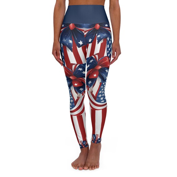 Patriotic High Waisted Leggings for Women |  USA American Flag Stars & Stripes Inspired Yoga Pants for 4th of July Fitness Everyday Wear