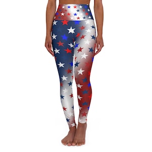 High Waist Stars on Red White and Blue Leggings, Patriotic USA Independence Day Designs, Festive Style Yoga Workout Pants for Women