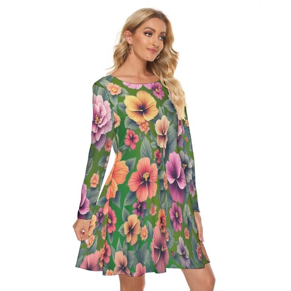 Hibiscus Print Long Sleeve Dress | Above Knee Crew Neck Style on Lush Green Fabric