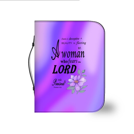 Purple, Floral Bible Cover, Proverbs 31:30 Scripture Quote, Religious Gift for Women, Church Accessory, Faith-Based Journal Cover