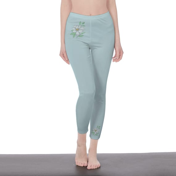 Solid Color Sea Green Floral High Waisted Leggings for Women | Soft Yoga Pants with Minimal Flower Design | Stylish Workout & Lounge Wear