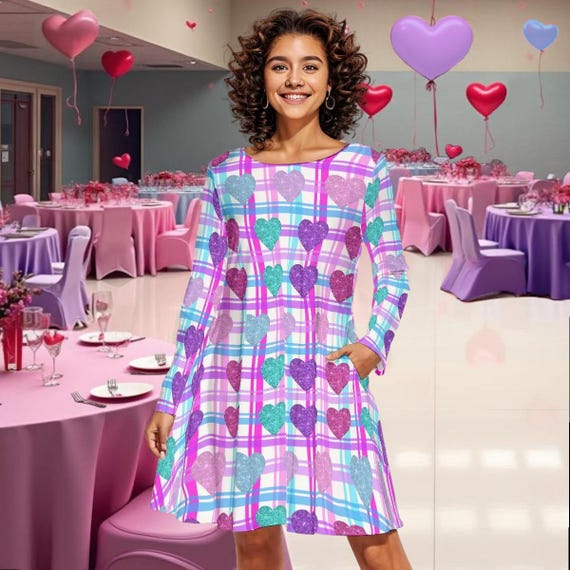 Heart Print Mini Dress: Long Sleeve Flared Style on Pink Plaid