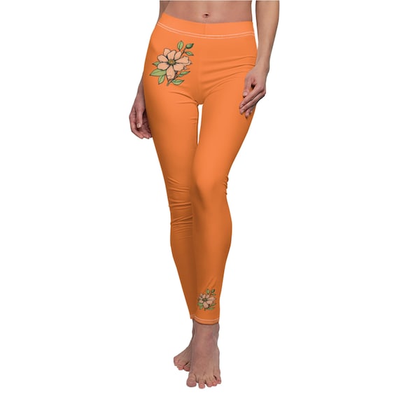 Solid Color Orange Floral High Waisted Leggings for Women | Soft Yoga Pants with Minimal Flower Design | Stylish Workout & Lounge Wear