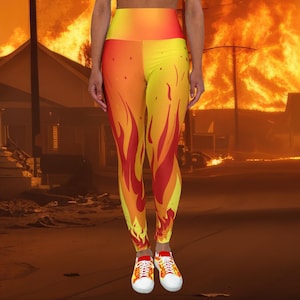 Fire Print High Waist Leggings: Flame Pattern Yoga Pants