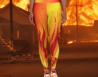 Leggings de yoga de cintura alta con estampado de llamas de fuego para mujer / Pantalones de entrenamiento con control de abdomen / Ropa deportiva elegante y vibrante para el tiempo libre