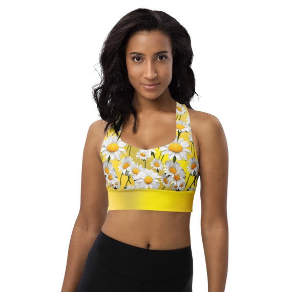 Daisy Print Recycled Longline Sports Bra: Yellow Activewear Top