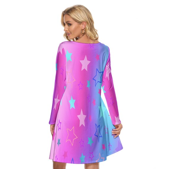 Star Print Long Sleeve Dress: Pink Blue Purple Gradient