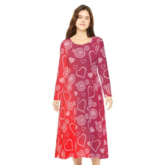 Valentine's Day Maxi Dress: Red Hearts & Swirls - Long Sleeve Polyester -  Etsy