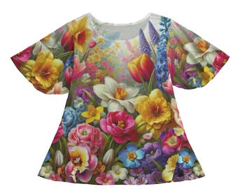 Vestido estilo camiseta floral - Manga mariposa, minivestido acampanado