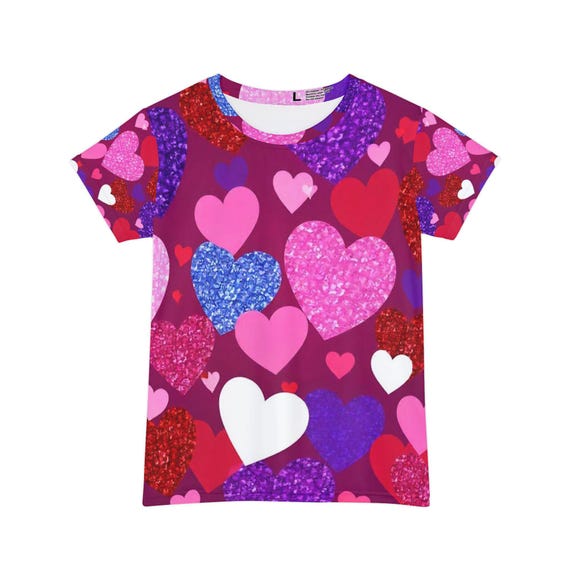 Vibrant Heart Print Women's Short Sleeve Shirt: Love Theme