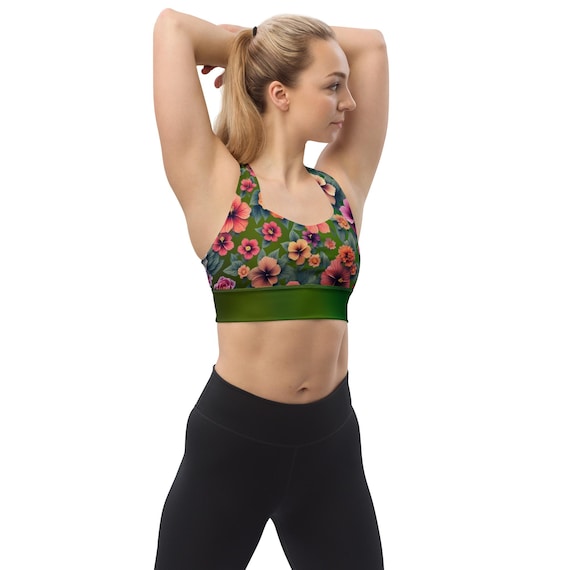 Floral Hibiscus Recycled Longline Sports Bra - Sustainable, Eco-Friendly Activewear on Green Background - Fitness Apparel