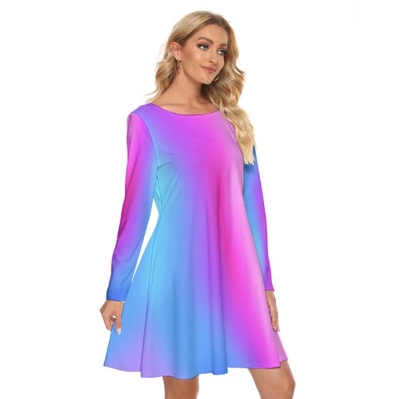 Gradient Women's Knee Length Dress: Long Sleeve Crew Neck with Pockets