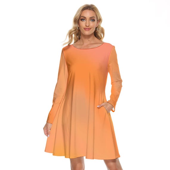 Orange Gradient Dress: Women's Knee Length Long Sleeve Crew Neck