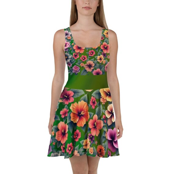 Tropical Floral Hibiscus Skater Dress | Green Background | Summer Dress for Women