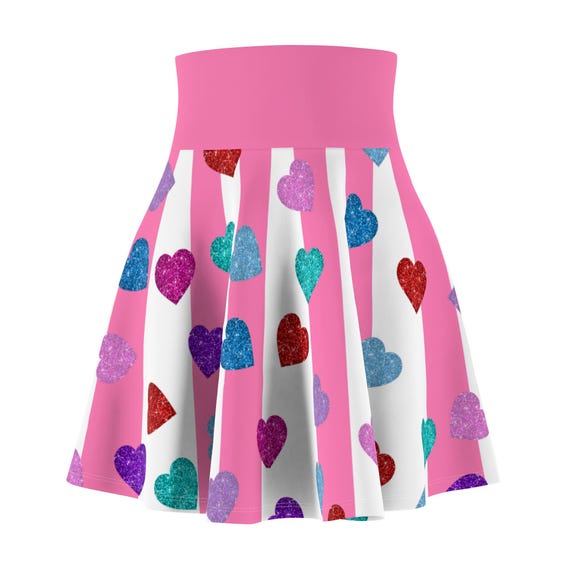 Pink Skater Skirt: Striped Hearts Print, High-Waisted A-Line