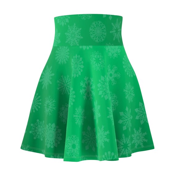 Green Snowflake Pattern Skater Skirt | Holiday Winter Snowflakes All-Over Print