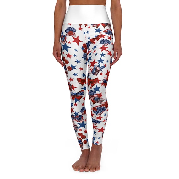 Patriotic High Waisted Leggings for Women |  USA American Flag Stars & Stripes Inspired Yoga Pants for 4th of July Fitness Everyday Wear
