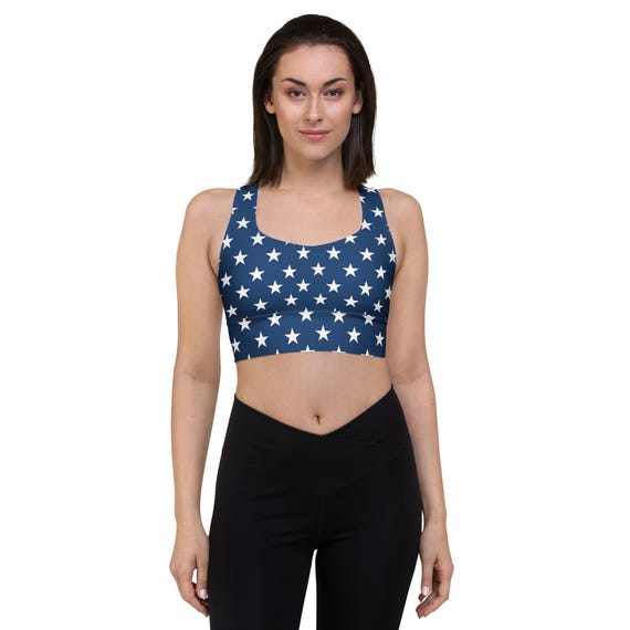 Recycled Longline Sports Bra: White Star Print, Navy Blue Activewear