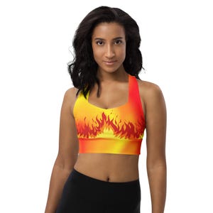 Flaming Fire Recycled Longline Sports Bra, Workout Yoga Activewear Top, Athletic Fitness Gym Clothing, Fire Sports Bra, Flame Print Fire Bra