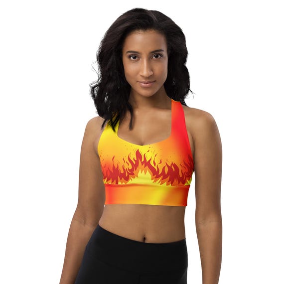 Flaming Fire Recycled Longline Sports Bra: Workout Activewear | Bold Flame Design Workout Top