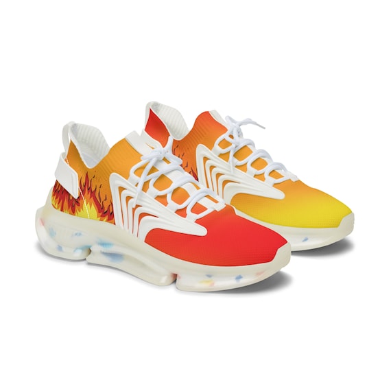 Womens Mesh Sneakers with Fire Flame Print, Breathable Lace Up Canvas Shoes for Athletic and Casual Style