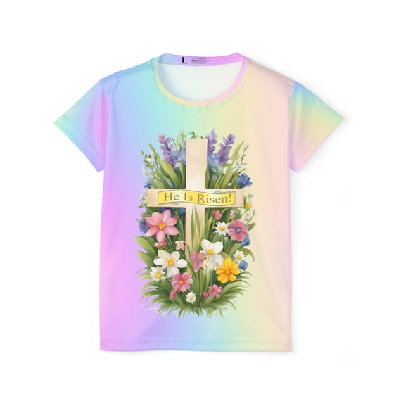 He Is Risen - Pastel Rainbow Easter T-Shirt with Cross & Spring Flowers | Lightweight Jersey Tee