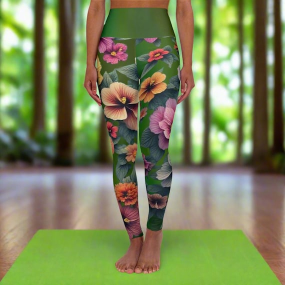 Floral Green Botanical Ombre High Waisted Yoga Leggings Women | Tummy Control Workout Pants | Vibrant Gradient Stylish Athleisure Activewear