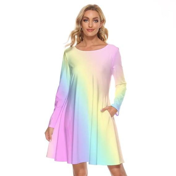 Pastel Rainbow Gradient Mini Dress: Long Sleeve Party Cocktail Dress - Etsy  UK