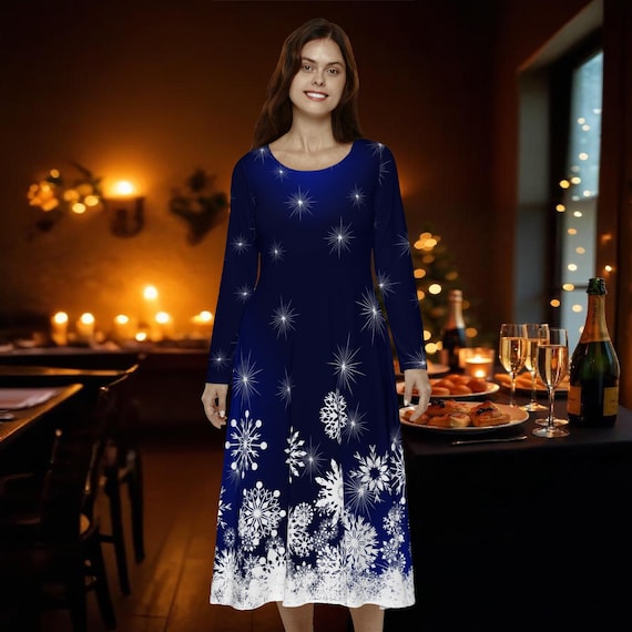 Elegant Snowflake Party Dress: Long Sleeve Modest Christmas Outfit