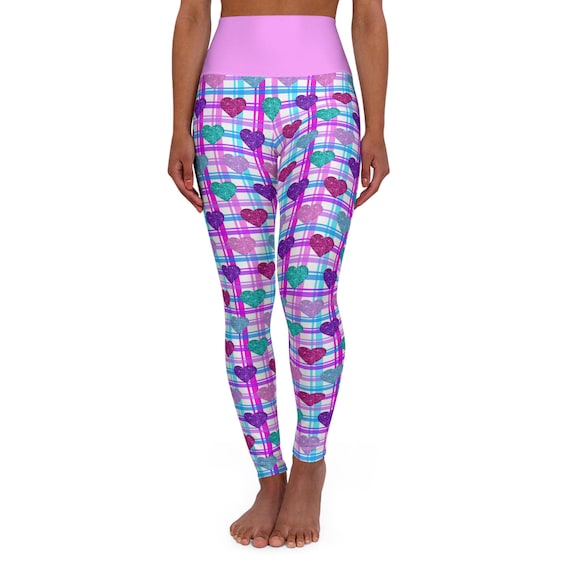 Pink Purple Blue Heart Plaid Leggings