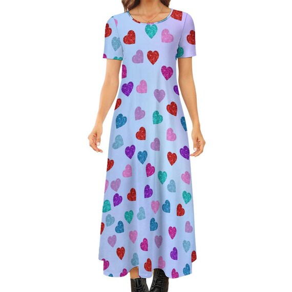 Multicolored Hearts Round Neck Short Sleeve Dress