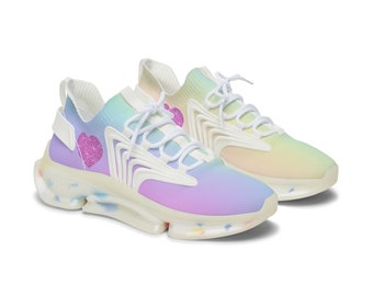 Womens Mesh Sneakers with Pastel Rainbow Gradient Design, Breathable Lace Up Canvas Shoes for Colorful Casual Style