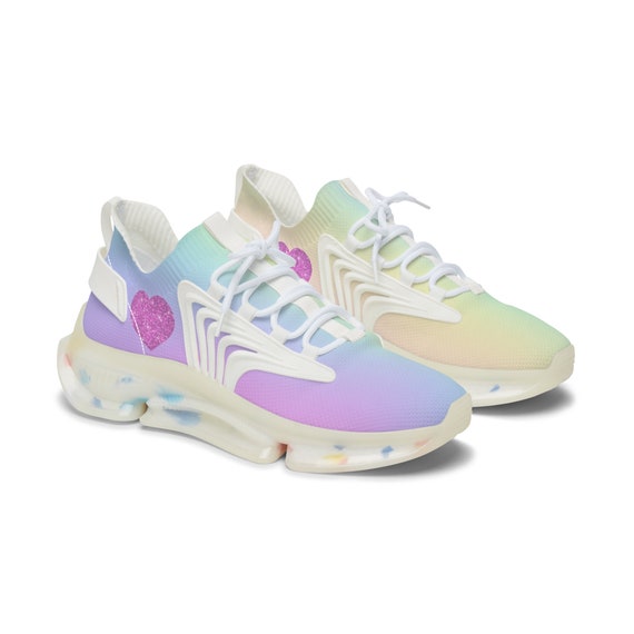 Womens Mesh Sneakers with Pastel Rainbow Gradient Design, Breathable Lace Up Canvas Shoes for Colorful Casual Style
