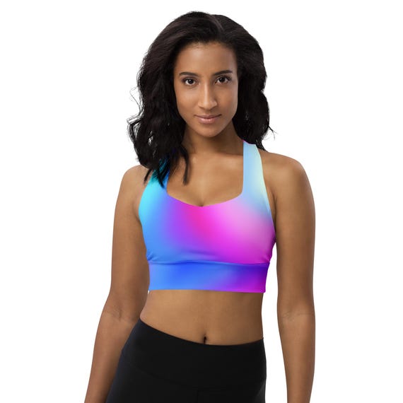 Pink Blue Purple Gradient Longline Sports Bra for Women | Recycled Fabric Workout Crop Top | Ombre Yoga Gym Top