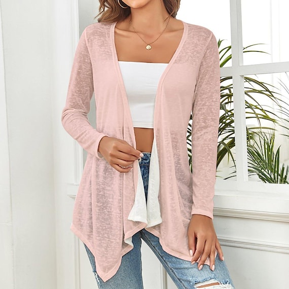 Pastel Peach Drop Shoulder Cardigan Open Shirt with Irregular Hem
