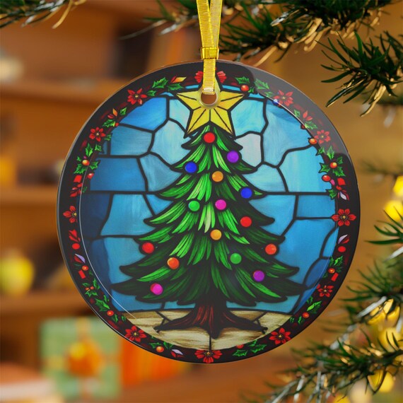 Printed Glass Christmas Ornament: Stained Glass Tree Decor