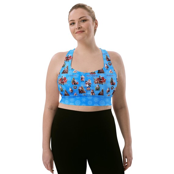 Santa Claus Longline Sports Bra: Recycled Snowflake Kawaii Art  – Light Blue Snowflake Holiday Activewear Workout Top