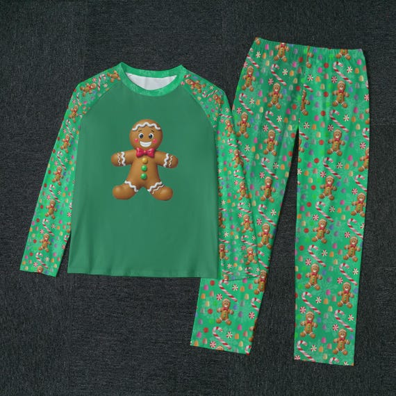 Men's Gingerbread Man Pajama Set: Green Christmas Loungewear