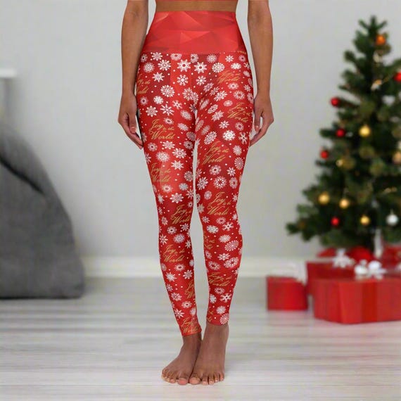 Red Joy to the World Snowflake High Waisted Leggings Women | Tummy Control Christmas Workout Pants | Festive Holiday Athleisure Activewear