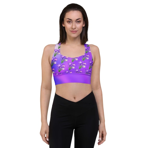 Recycled Longline Sports Bra: Purple Flower Gradient, Eco-Conscious Activewear