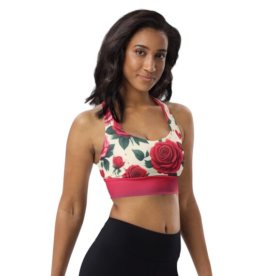 Floral Red Rose Longline Sports Bra for Women | Recycled Fabric Activewear Top, Workout & Yoga Crop Tank