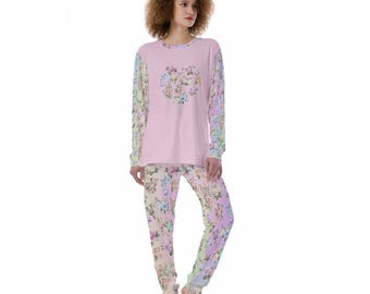 Women’s Pajama Set – Pastel Rainbow Floral Pants with Matching Pink Long Sleeve Top