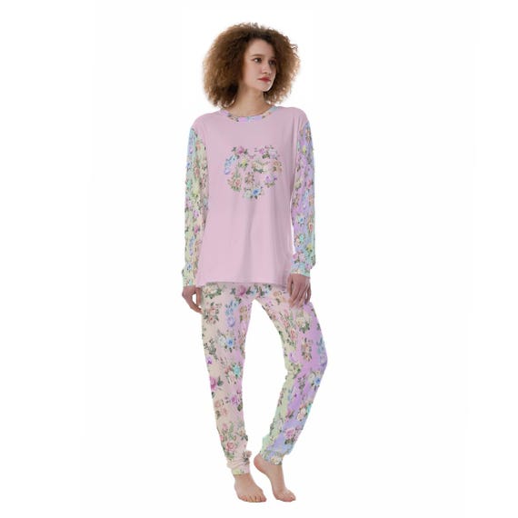 Women’s Pajama Set – Pastel Rainbow Floral Pants with Matching Pink Long Sleeve Top