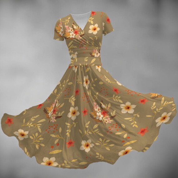 Autumn Floral Print Women's V-Neck Short Sleeve Dress On Beige Background
