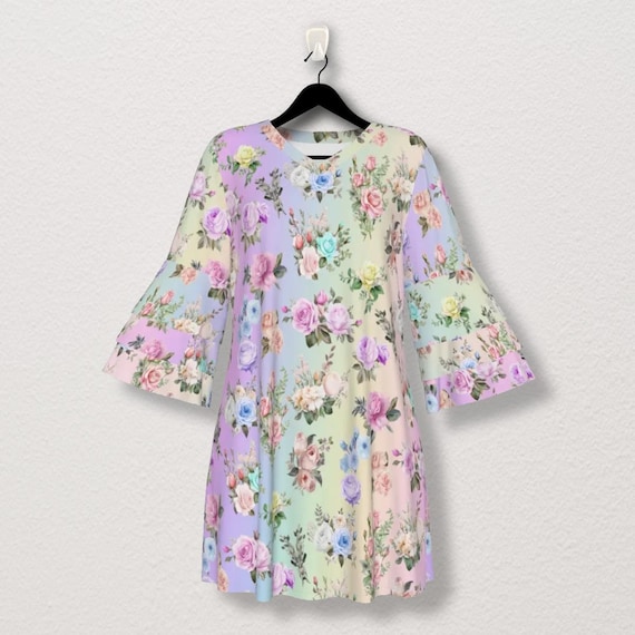 Pastel Rainbow Floral Dress: Ruffle Sleeve Boho Women's Dress