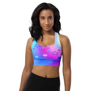Starry Gradient Sports Bra: Pink Blue Purple Longline Seamless Design - Recycled Material Star Pattern Fitness Top